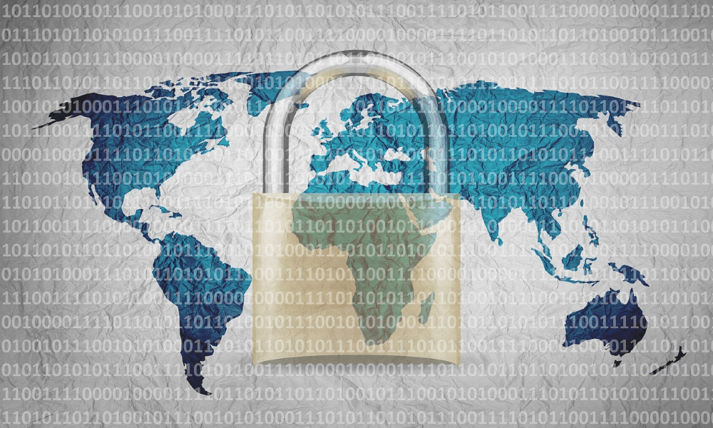 World map overlayed with a padlock and binary code.