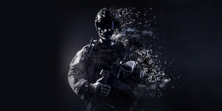 black and white graphic of a soldier in combat gear