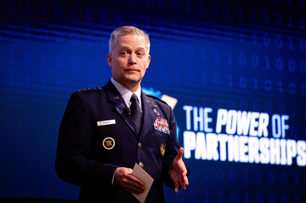 Air Force Gen. Timothy Haugh, commander of U.S. Cyber Command and director of the National Security Agency, gives the opening remarks at the Cyber Command’s Legal Conference at Joint Base Andrews, Md., Aug. 9, 2024.