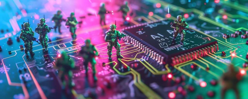 AI generated image of warfighter figures operating on a circuit.