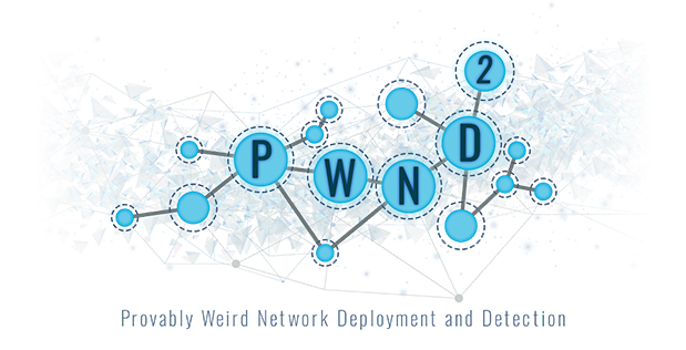 DARPA’s Provably Weird Network Deployment and Detection (PWND2) logo with network connection graphics