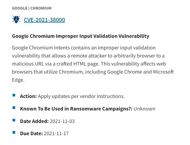 Figure 8. ACISA Known Exploits Catalog Entry for CVE-2021-38000 (Source: CISA [27]).