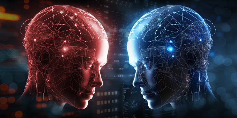 two artificial intelligence heads, one red, one blue, looking at each other