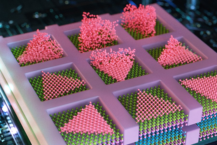 MIT engineers have developed a method to seamlessly stack electronic layers to create faster, denser, more powerful computer chips. The team deposits semiconducting particles (in pink) as triangles within confined squares, to create high-quality electronic elements, directly atop other semiconducting layers (shown in layers of purple, blue, and green).