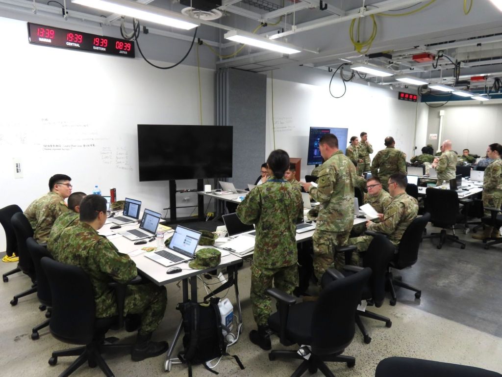 3MDEB Cyber Soldiers with Japanese partners during the Keen Sword 25 Cyber range at Sagami Depot, Japan. Keen Sword 25 took place from October 23 to November 1, 2024. (U.S. Army photo by 2nd Lt. Lucas Bires). (2nd Lt. Lucas Bires)