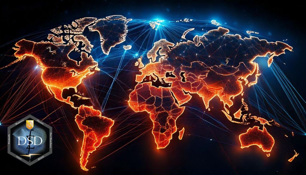 graphic of world map with digital network lines connecting countries