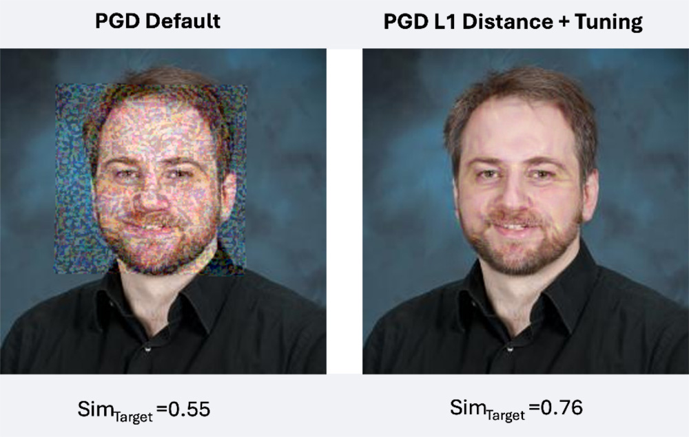 Figure 6. A Comparison of Results Before and After Using Lantern Tune PGD Attack Settings to Increase Effectiveness and Subtlety (Source: S. Young).