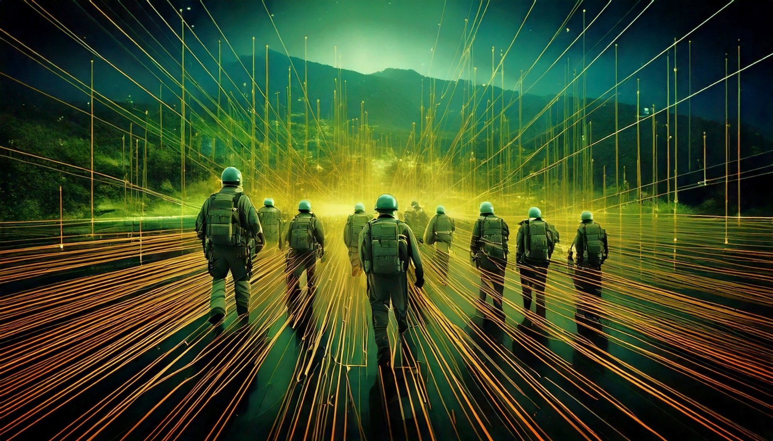 graphic of soldiers walking toward a mountain in the background with digital lines going past them