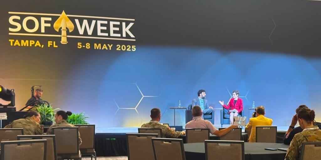 Journalist Catherine Herridge, right, interviews Akash Jain during a panel on artificial intelligence in national security during Special Operations Forces Week 2025 in Tampa, Fla., May 7, 2026.