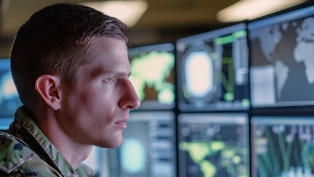 Photo illustration of U.S. Army cyber Soldier in operations center. (U.S. Army photo by Tài Doick)