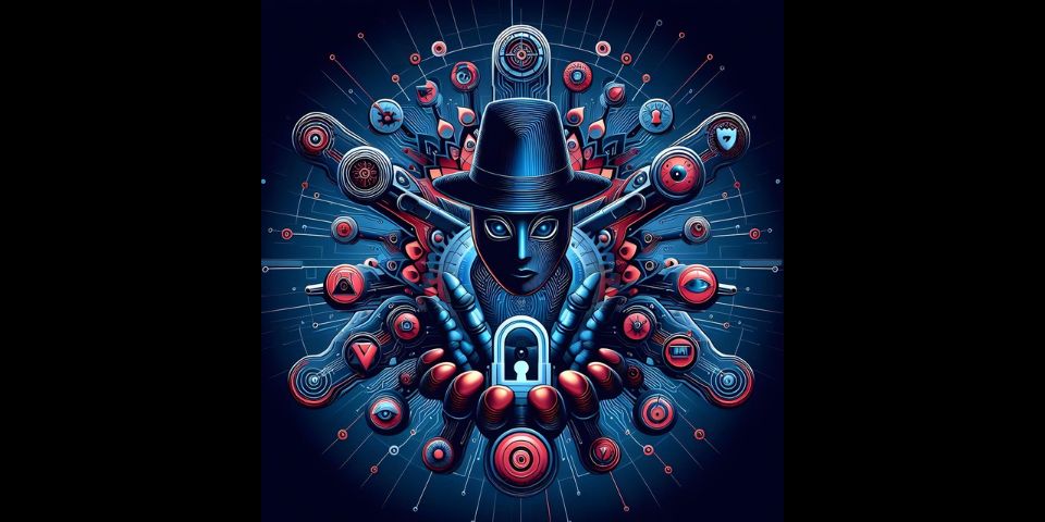 Illustration of a person in a black hat overlayed on circuits.