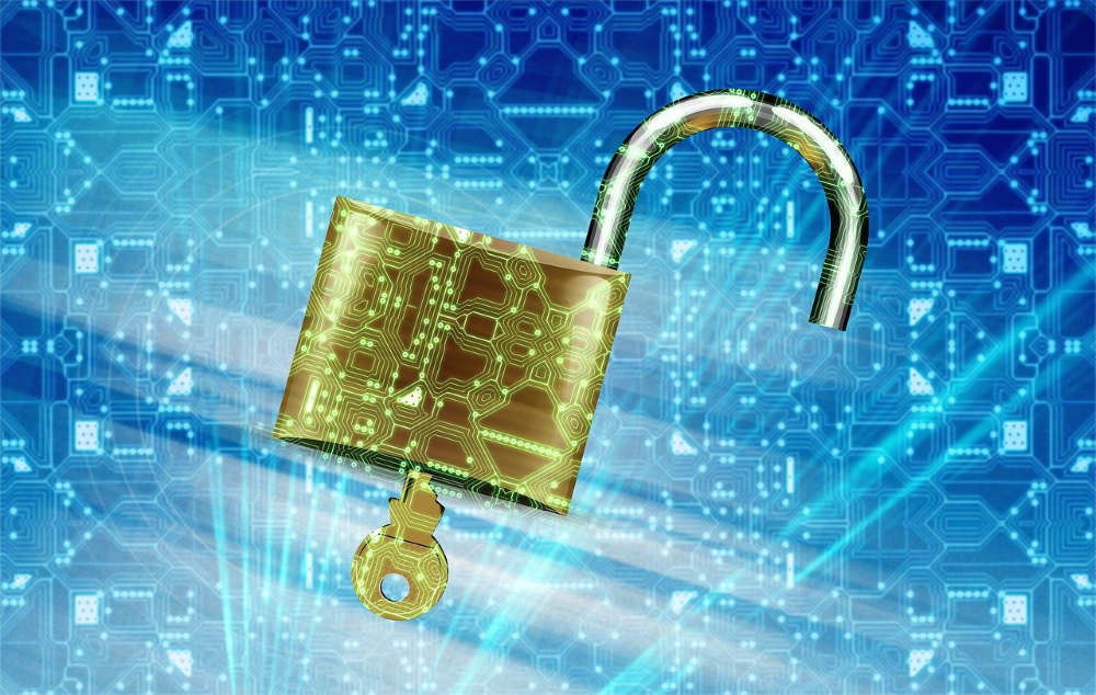 An image of an opened padlock with an overlay of circuits