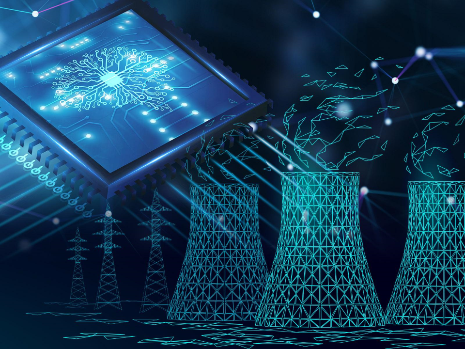 An image of a circuit schematic (top left) in the outline of a human brain, and nuclear power plant stacks (bottom left)