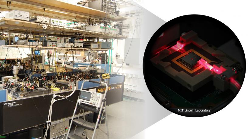 OASIC seeks to vastly reduce the cost, set-up time, and support equipment overhead of large quantum research laboratories (pictured) with chipscale technologies (inset) in modular, quickly reconfigurable facilities. Source: Inset image: MIT Lincoln Laboratory; Atomic Physics Laboratory image: Mukund Vengalattore