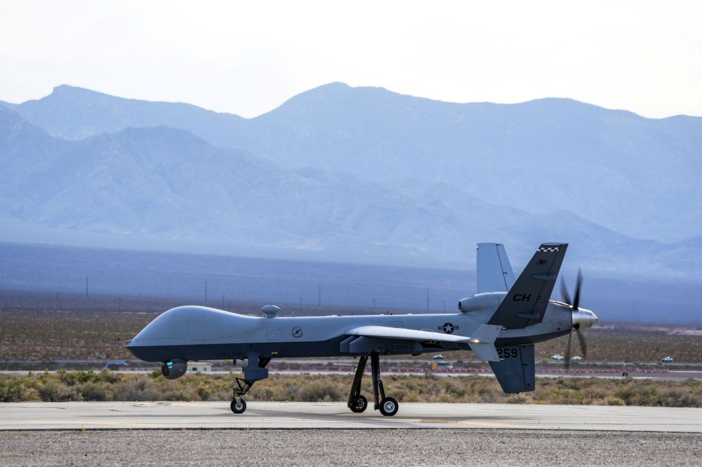 An Air Force MQ-9 Reaper remotely piloted aircraft, assigned to the 432nd Wing, taxis toward the runway at Creech Air Force Base, Nev., April 15, 2025.