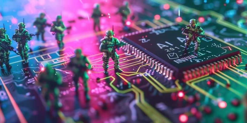 AI generated image of warfighter figures operating on a circuit.