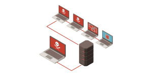 Hacking isometric illustration with infected server and laptops 3d