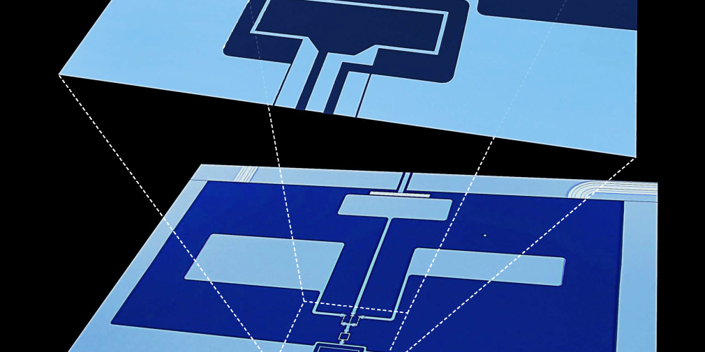 This photo shows the central working region of the device. In the lower section, the three large rectangles (light blue) represent the two quantum bits, or qubits, at right and left and the resonator in the center. In the upper, magnified section, driving microwaves through the antenna (large dark-blue rectangle at bottom) induces a magnetic field in the SQUID loop (smaller white square at center, whose sides are about 20 micrometers long). The magnetic field activates the toggle switch. The microwaves’ frequency and magnitude determine the switch’s position and strength of connection among the qubits and resonator
(credit:  K. Cicak and R. Simmonds/NIST).