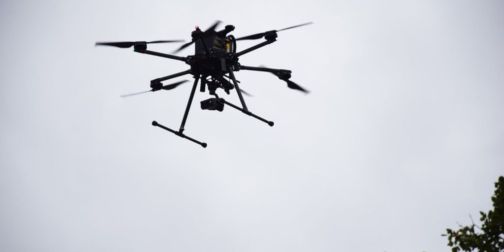 A drone is used to get a closer look at intruders at the Blue Grass Army Depot in Richmond, Ky., Sept. 18, 2024. The depot is the only Defense Department installation testing the Scylla artificial-intelligence software to enhance physical security.