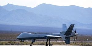 An Air Force MQ-9 Reaper remotely piloted aircraft, assigned to the 432nd Wing, taxis toward the runway at Creech Air Force Base, Nev., April 15, 2025.