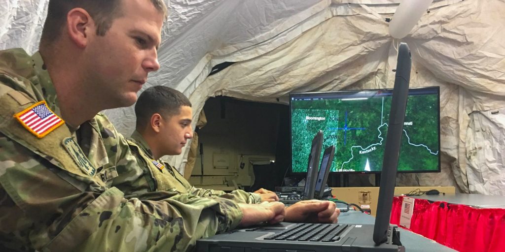 Soldiers from the 94th Army Air and Missile Defense Command, track an unmanned aerial systems (UAS) threat during a scenario as part of Black Dart 18 on Muscatatuck Urban Training Center, Indiana.