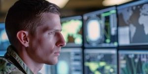 Photo illustration of U.S. Army cyber Soldier in operations center. (U.S. Army photo by Tài Doick)