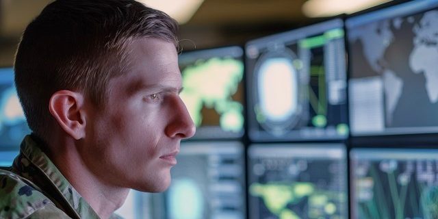 Photo illustration of U.S. Army cyber Soldier in operations center. (U.S. Army photo by Tài Doick)