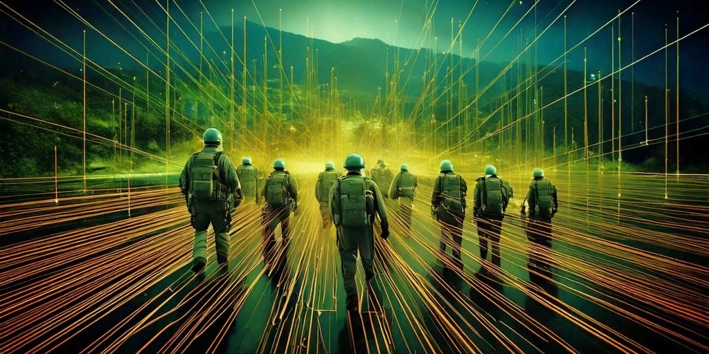 graphic of soldiers walking toward a mountain in the background with digital lines going past them