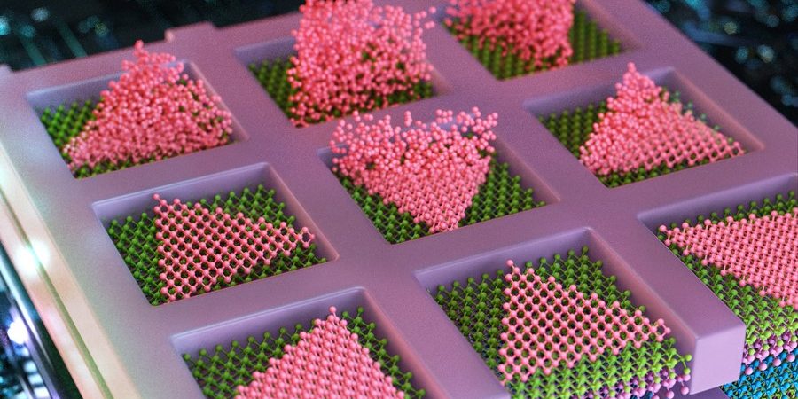 MIT engineers have developed a method to seamlessly stack electronic layers to create faster, denser, more powerful computer chips. The team deposits semiconducting particles (in pink) as triangles within confined squares, to create high-quality electronic elements, directly atop other semiconducting layers (shown in layers of purple, blue, and green).