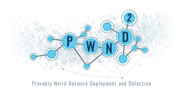 DARPA’s Provably Weird Network Deployment and Detection (PWND2) logo with network connection graphics