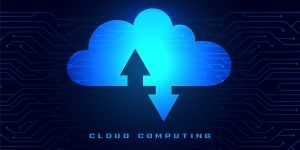 cloud computing text with an image of a cloud with an arrow pointing in the cloud and an arrow pointing out of the cloud