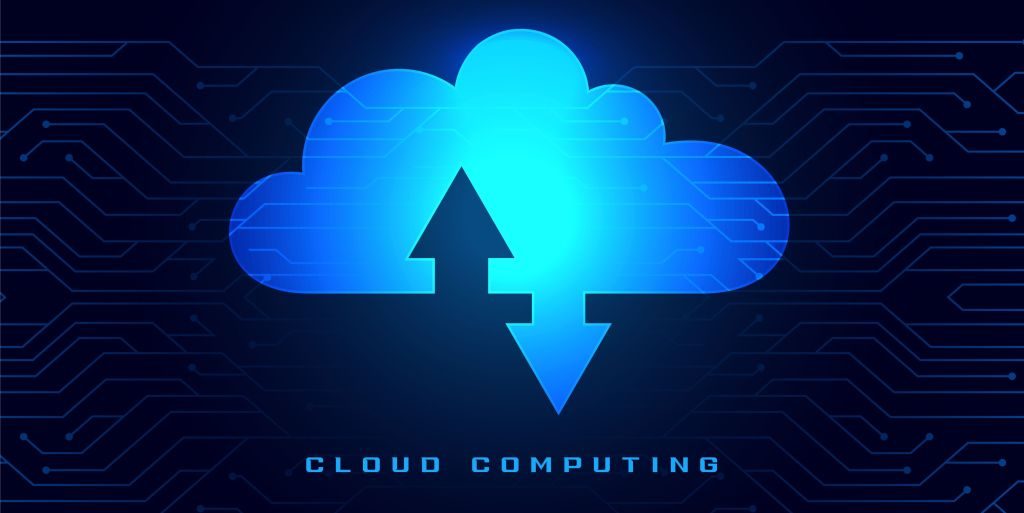 cloud computing text with an image of a cloud with an arrow pointing in the cloud and an arrow pointing out of the cloud