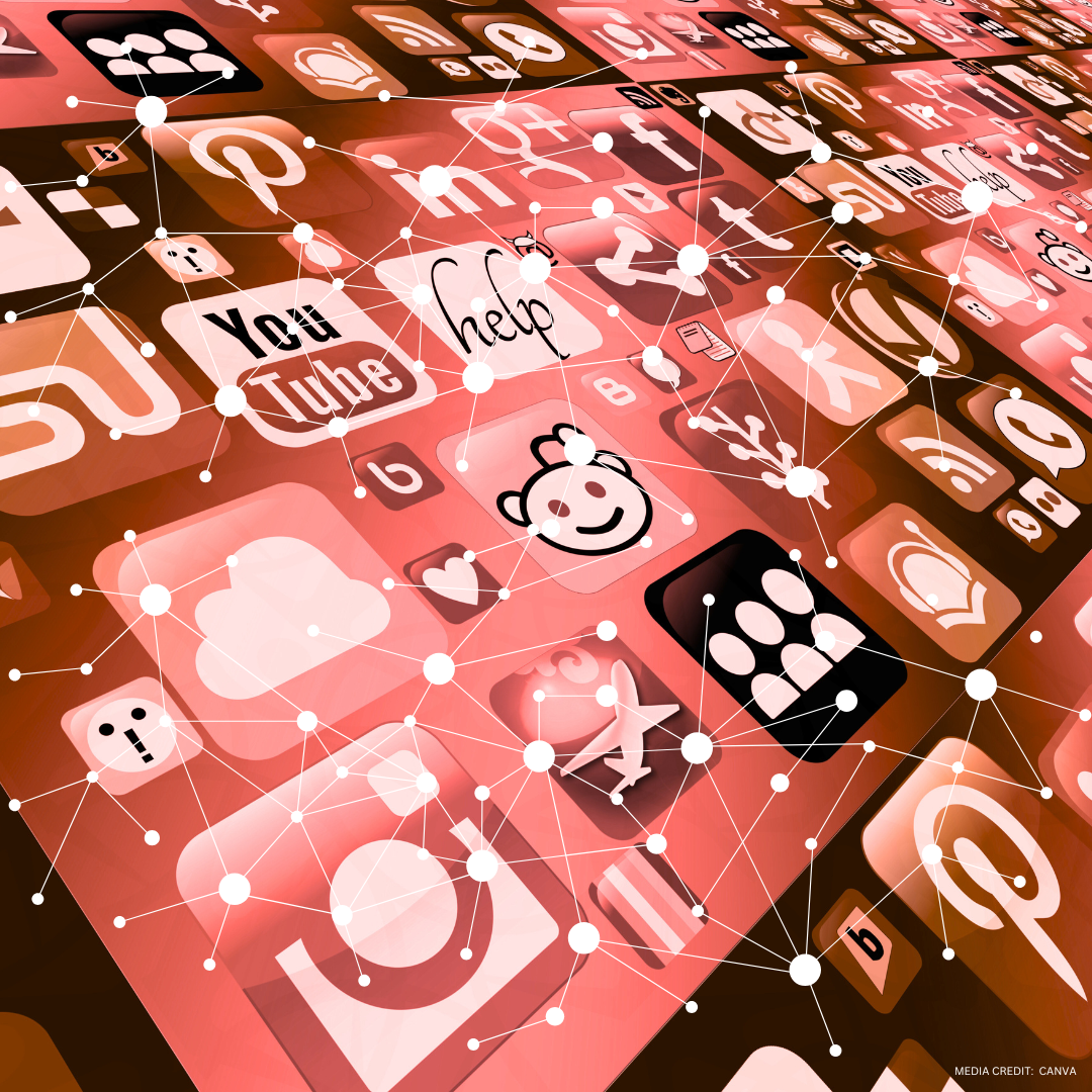 social media icons with network grid on top