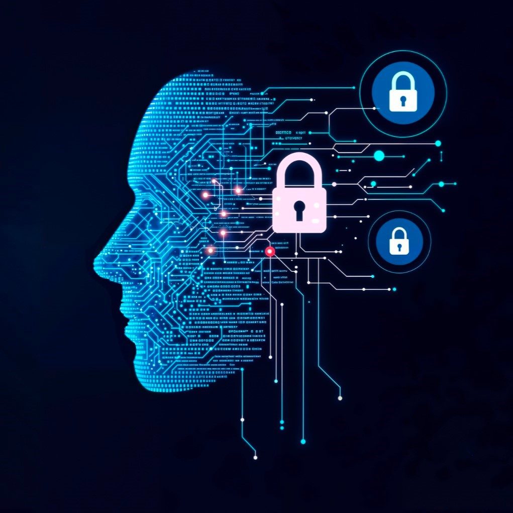 AI face with circuit lines and lock icons