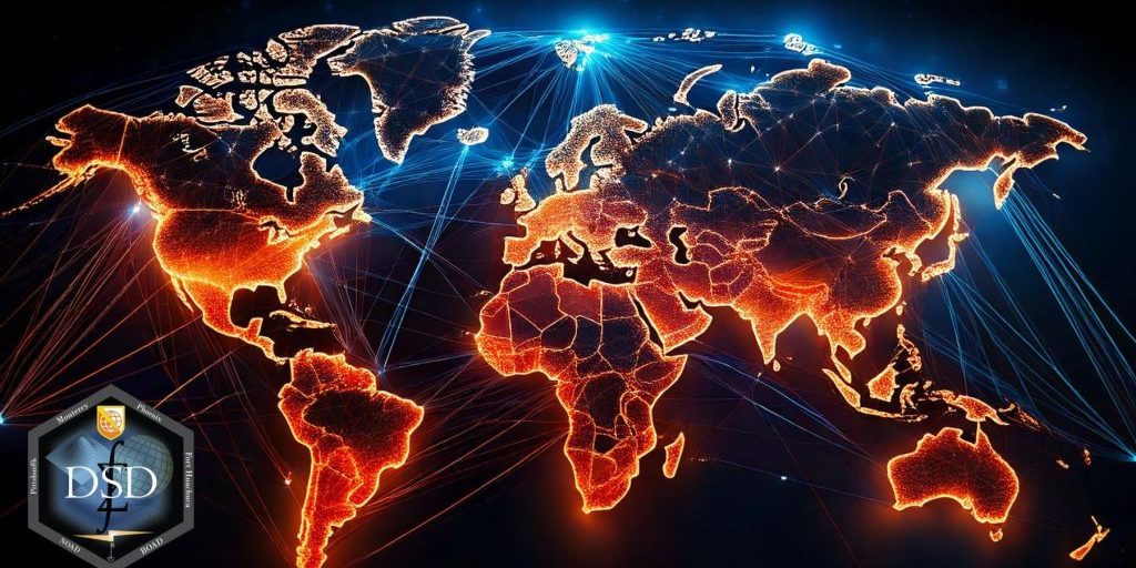 graphic of world map with digital network lines connecting countries