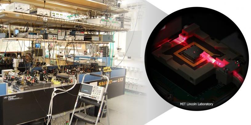OASIC seeks to vastly reduce the cost, set-up time, and support equipment overhead of large quantum research laboratories (pictured) with chipscale technologies (inset) in modular, quickly reconfigurable facilities. Source: Inset image: MIT Lincoln Laboratory; Atomic Physics Laboratory image: Mukund Vengalattore