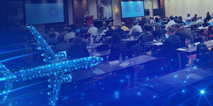 digital airplane superimposed over conference meeting